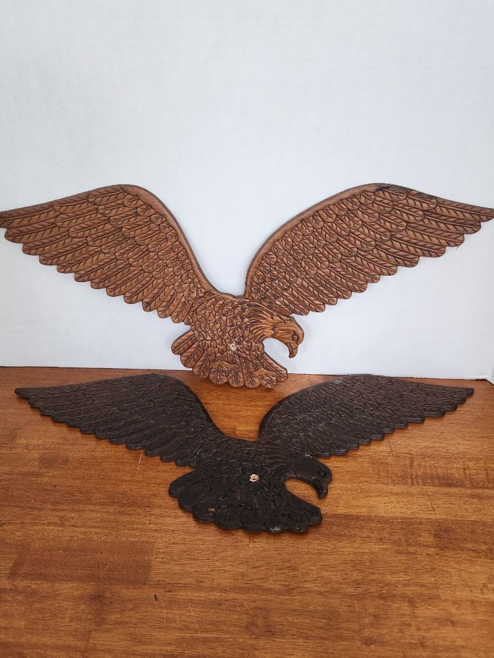 Vintage Handcrafted Wooden Eagle Wall Decor LOT x2 Light and Dark Brown Folk Art